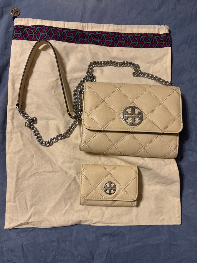Tory Burch Cream Quilted Leather Chain Crossbody With Wallet